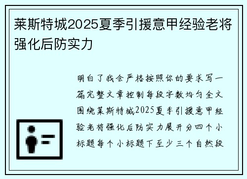莱斯特城2025夏季引援意甲经验老将强化后防实力