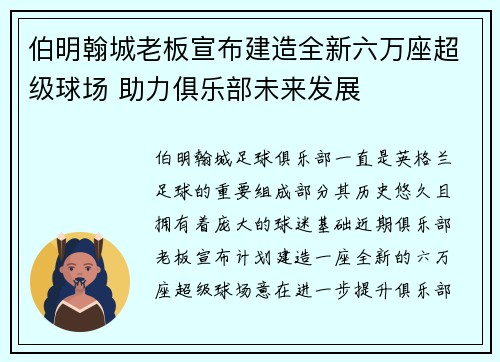伯明翰城老板宣布建造全新六万座超级球场 助力俱乐部未来发展